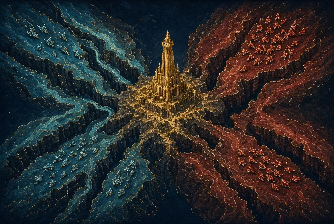 A canyon map split in two: blue forces on the left, red forces on the right, a gold tower at the center