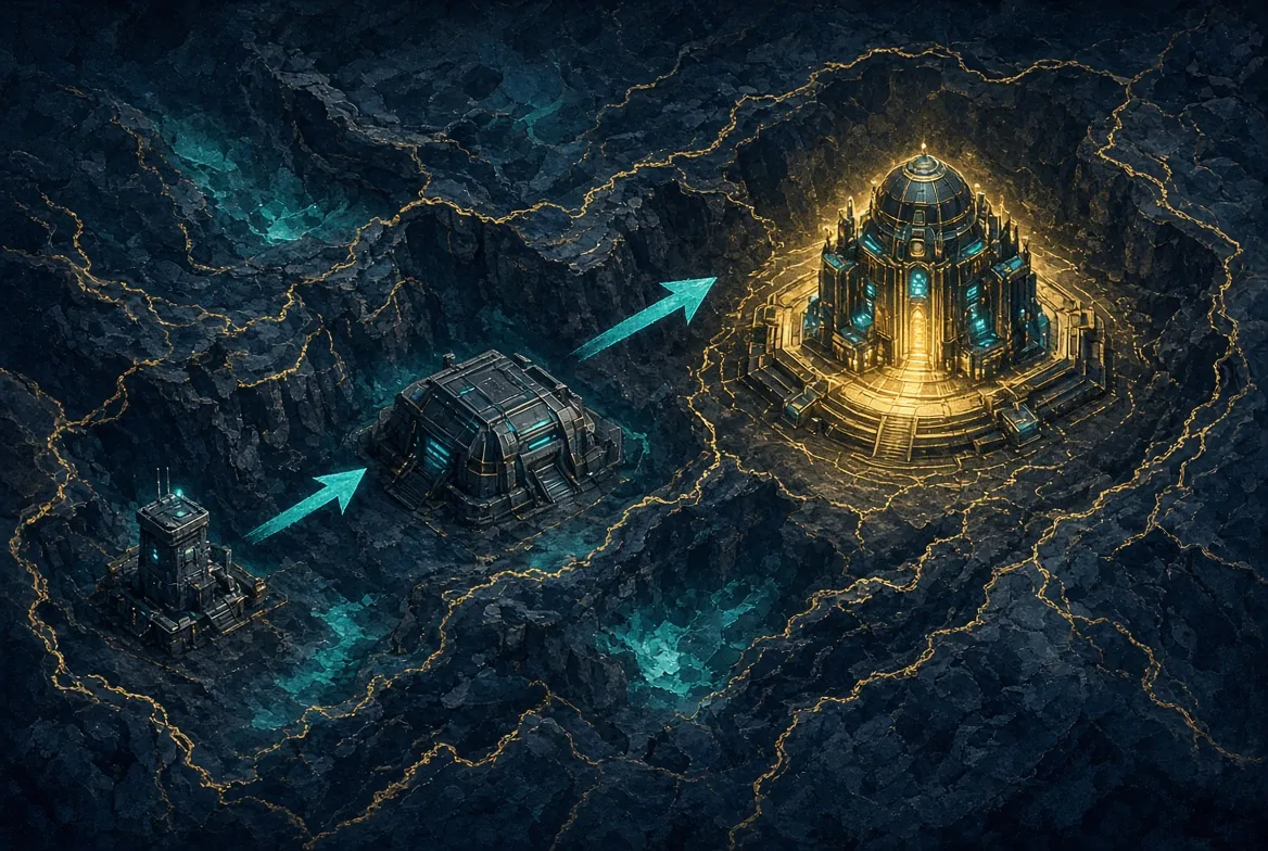Arrows from a small tower to a bunker, then to a glowing domed building