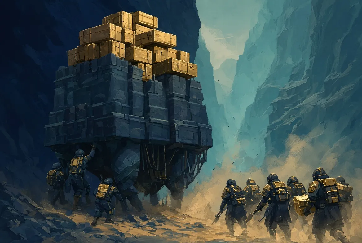 A building stacked past its top with gold crates while troops carry crates away