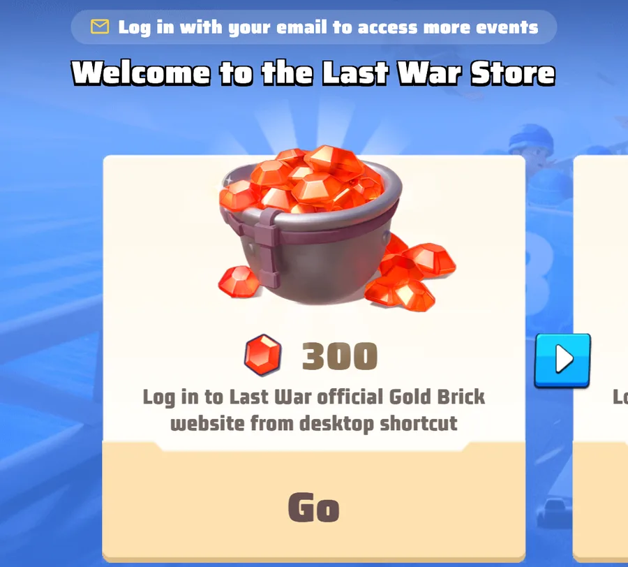The Last War store welcome screen with a 300 Diamond login reward and a Go button