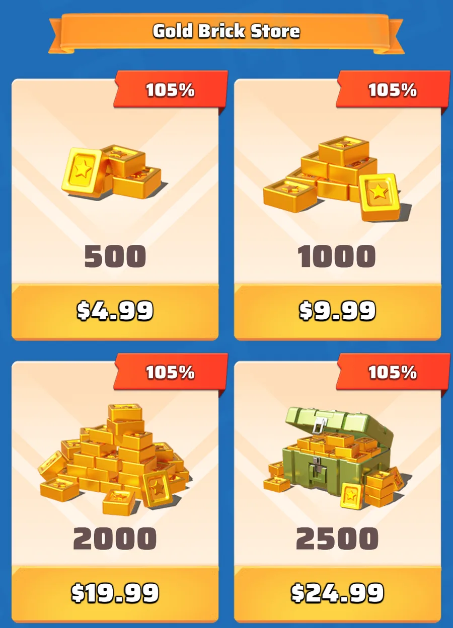 The Gold Brick Store with four packs, each tagged 105%