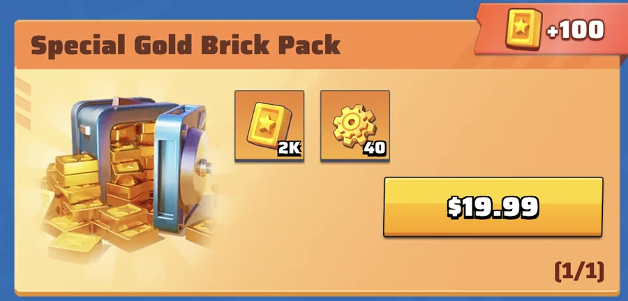 The Special Gold Brick Pack: 2,000 Gold Bricks plus 40 items for $19.99, with 100 extra Gold Bricks, limit 1