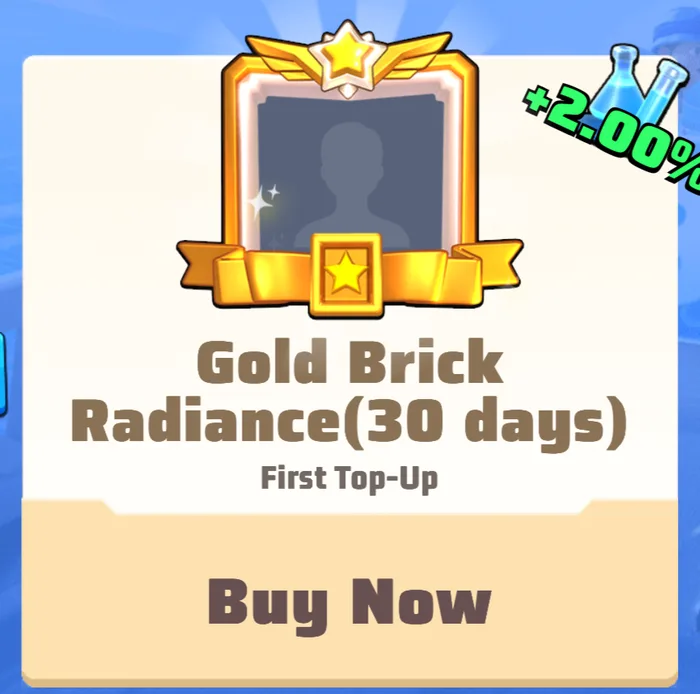 The Gold Brick Radiance (30 days) card marked First Top-Up