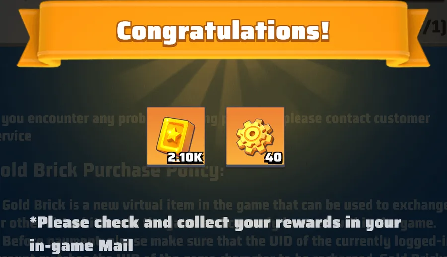 A Congratulations screen showing 2,100 Gold Bricks and 40 items, with a note to collect them in the in-game Mail