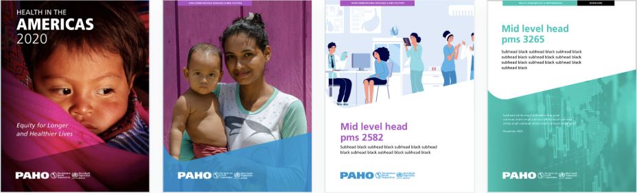 Four PAHO publication series showing a unified editorial design system